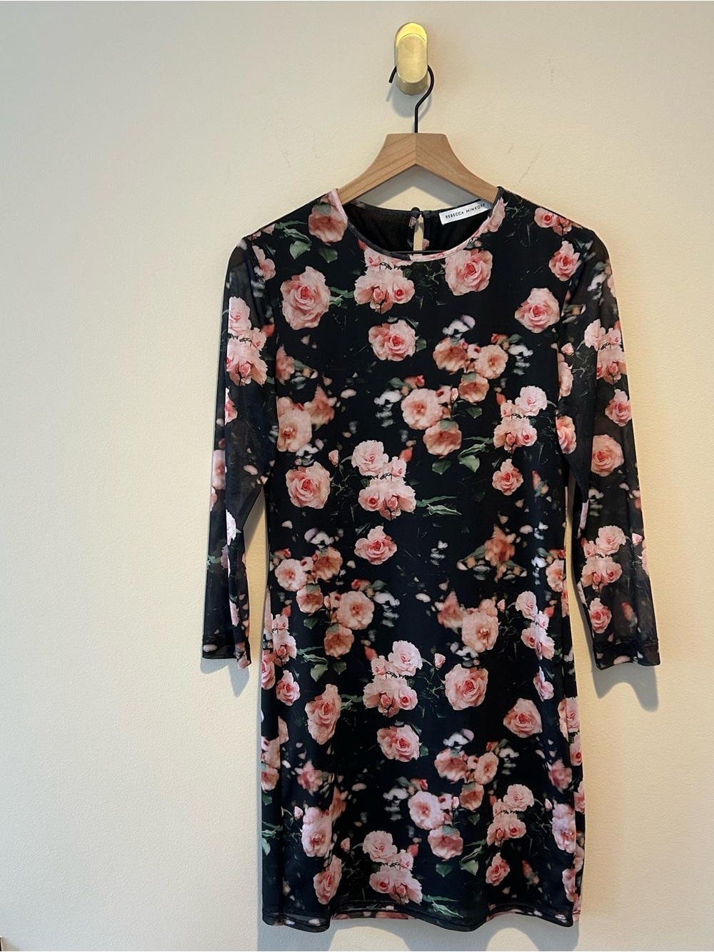 Rebecca Minkoff  Phoebe Black Floral Mesh Mini Dress Roses Sheath Stretch Shift